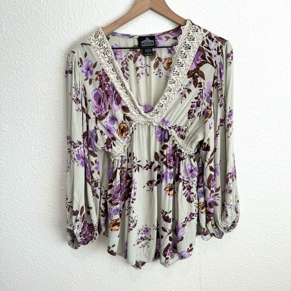 Angie Tops - Angie Women's Large Babydoll Blouse Romantic Floral Summer Boho Bell Sleeve